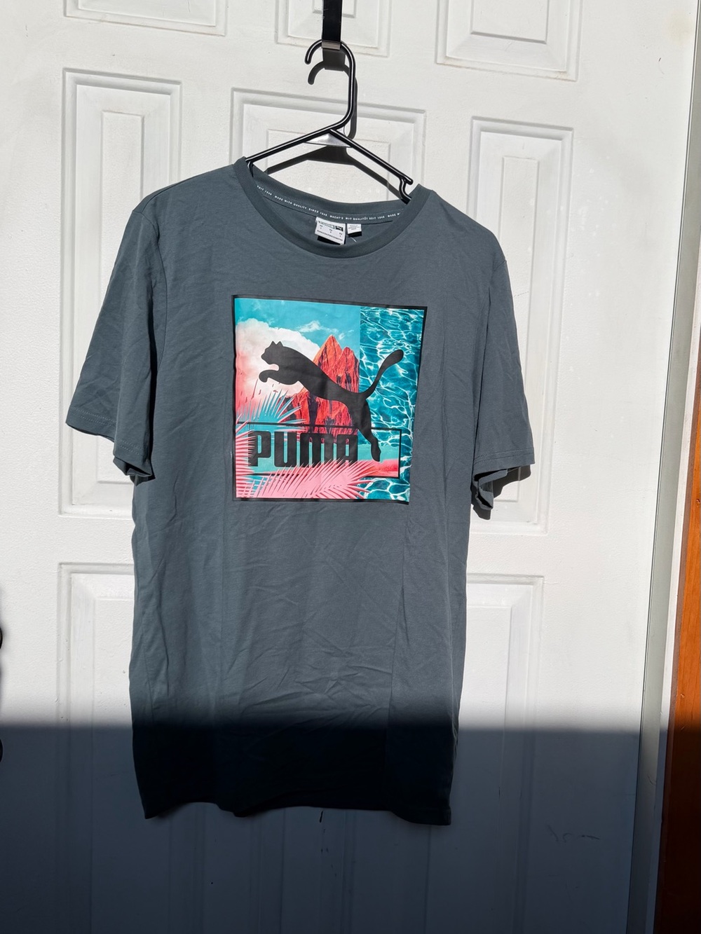 Puma Slate Gray Short Sleeve Tee with Tropical Teal & Coral Graphic